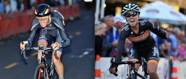 Mike Northey and Emily Collins enjoy their respective victories in the Jerry Clayton BMW National Criterium Championships in Takapuna tonight.